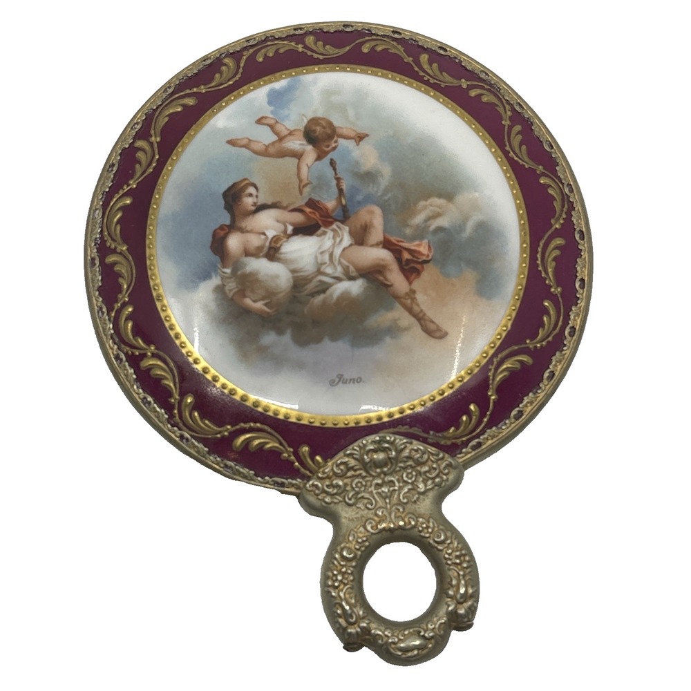 Antique Hand Painted Porcelain Juno Cherub Hand Mirror Burgundy Gold Filigree